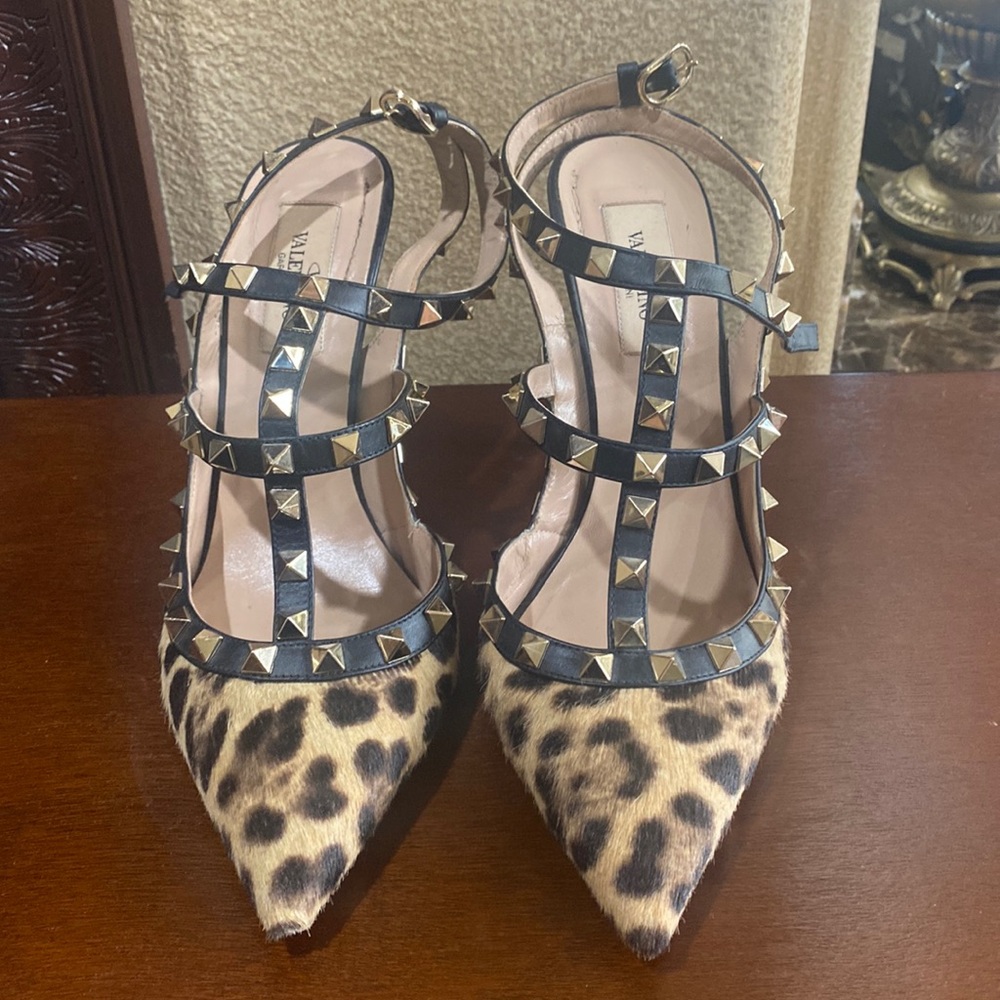 Valentino Rockstud heels mink leopard with brown suede heels sz 38